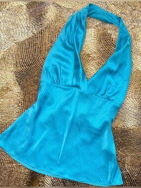 Y2K dead stock silk halter cami ⭐️ vintage bright blue polka dot tank by Express